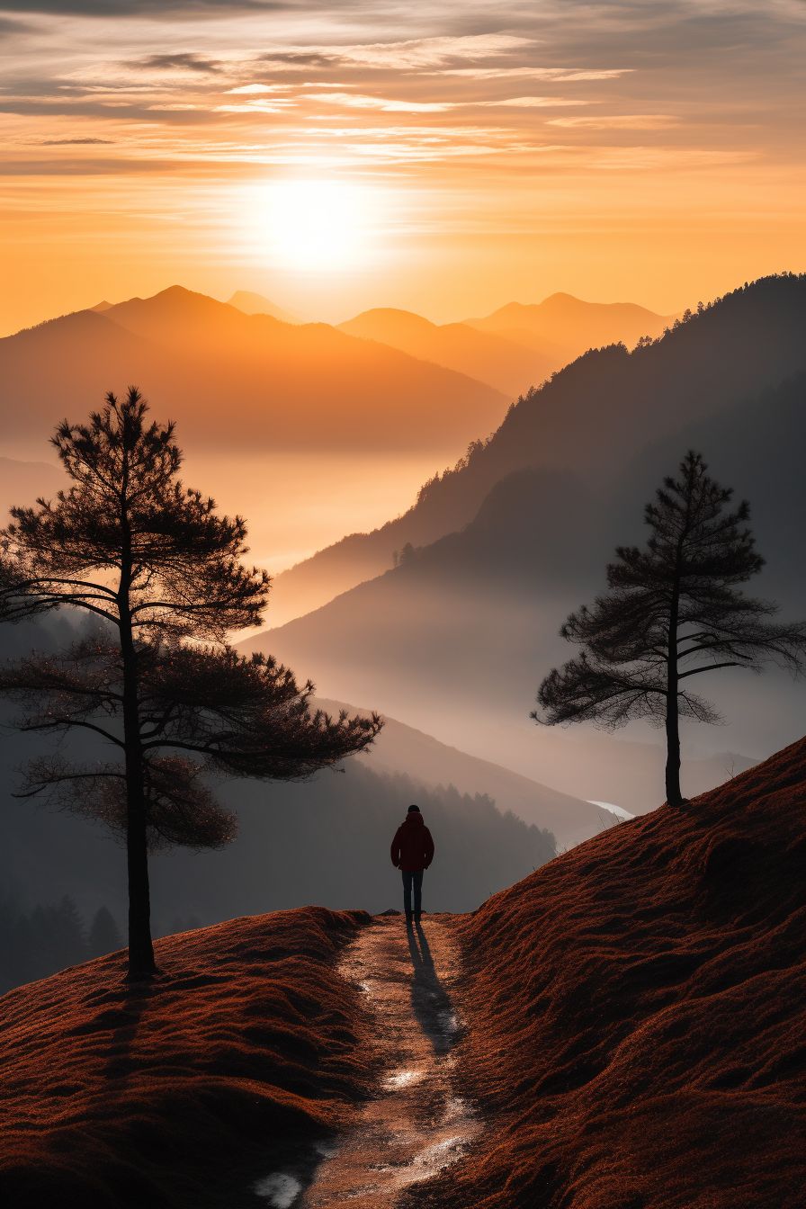 Mountain landscape at dawn, evoking a moment of calm and intentional pause